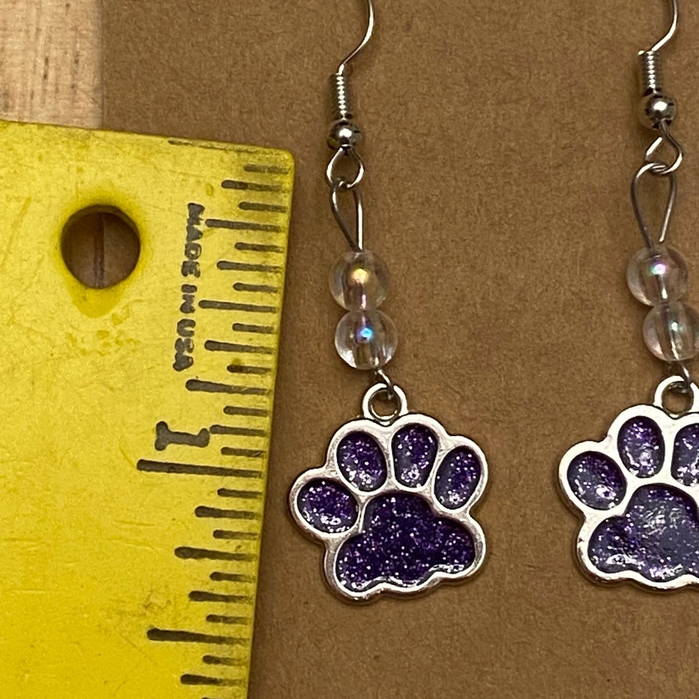 Handcrafted Purple Paw Beaded Dangle Earrings - Picture 4 of 4
